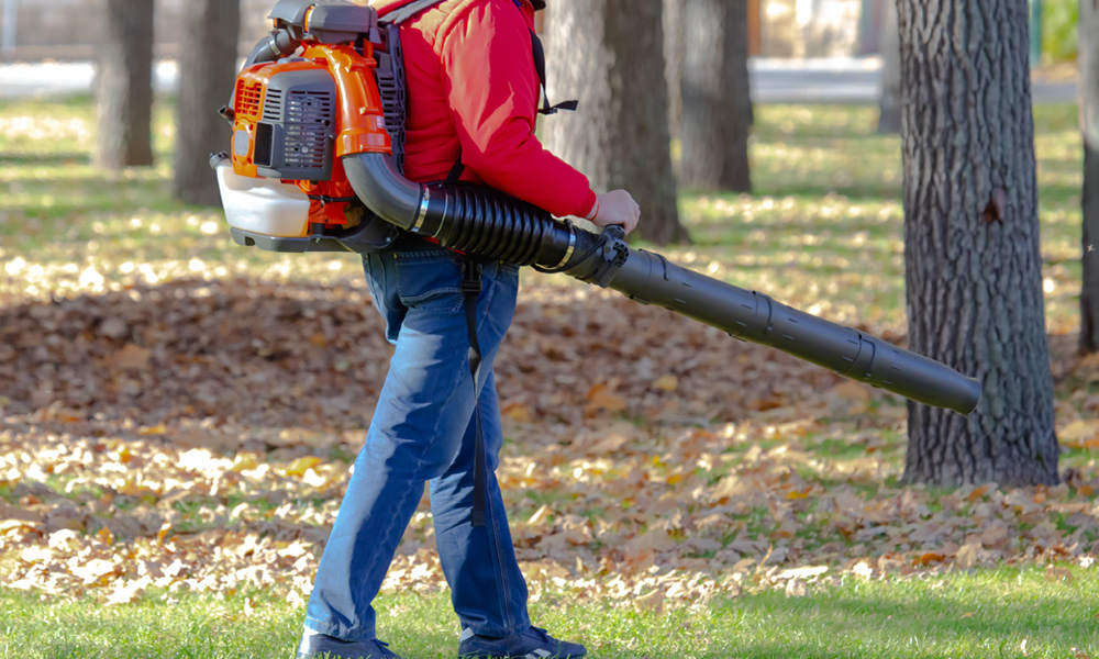 Someone using a backpack leaf blower